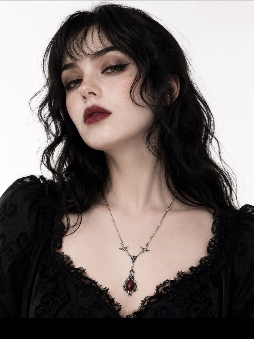 Victorian Vintage Gothic Silver Necklace Birds with Deep Red Pendant